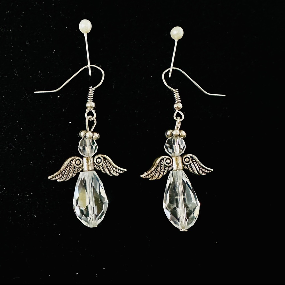 NWOT Handmade Elegant Silver Crystal Angel Wing Earrings